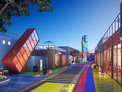 Vibrant Modern Commercial Street With Colorful Ground Container Buildings Glass Facades And Outdoor Seating 3d model