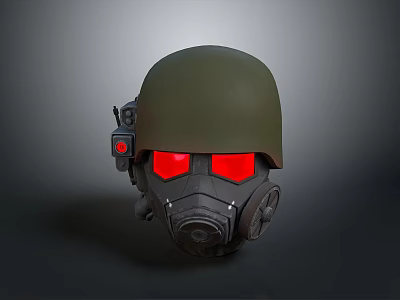 Tactical Military Weapon Helmet With Green Body Red Goggles And Gas Mask 3d model