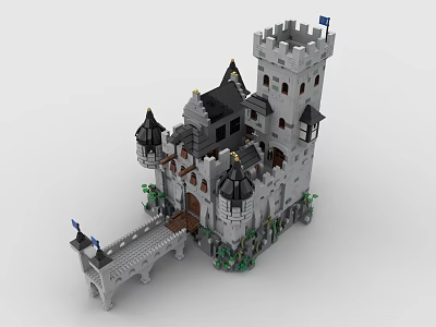 Ancient Architecture Inspired Lego Castle Model with Towers Bridge Flags and Green Foliage 3d model