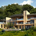 Modern Detached Villa With Lakeside View And Green Trees Scenic Night Lighting