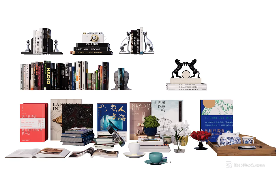 Elegant Books and Magazines Display with Bookshelves Decorations Potted Plants and Teacups 3d model 