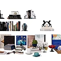 Elegant Books and Magazines Display with Bookshelves Decorations Potted Plants and Teacups