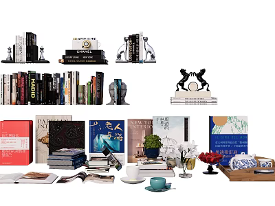 Elegant Books and Magazines Display with Bookshelves Decorations Potted Plants and Teacups 3d model