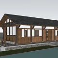 Traditional Style Building With Sloped Roof Wooden Stone Structure And Water Reflection