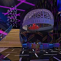 Modern Hotel Lobby With Purple Lighting Spiral Sculpture And Blue Seats