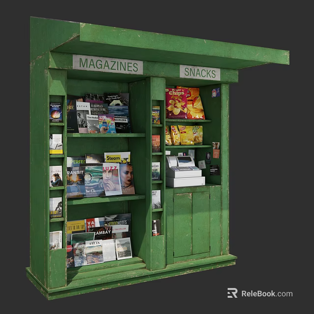 Green Magazine And Snack Retail Kiosk Commercial Equipment With Display Shelves 3d model 