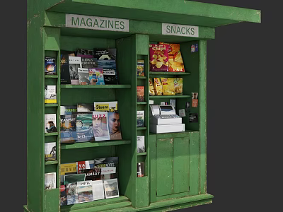 Green Magazine And Snack Retail Kiosk Commercial Equipment With Display Shelves 3d model