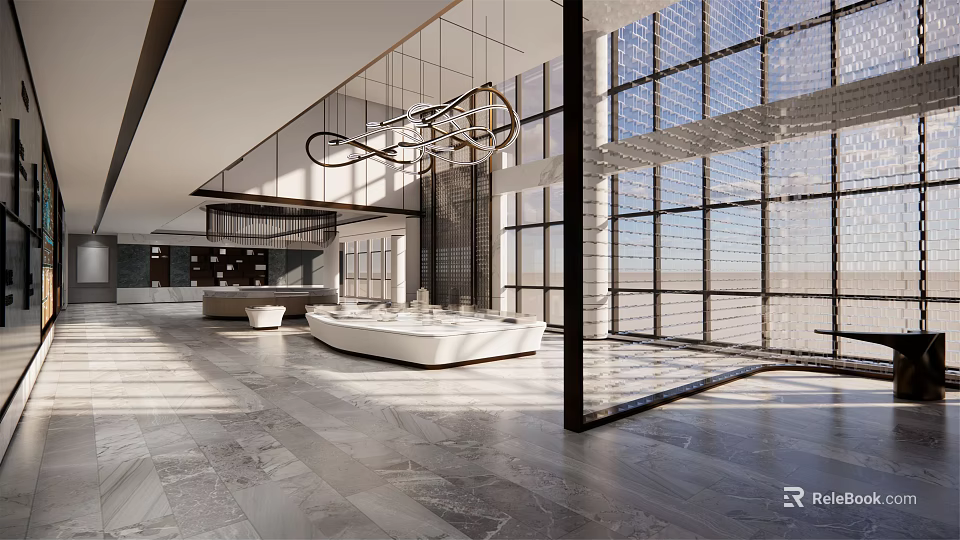 Modern Sales Office Interior Design With Spacious Layout Large Windows And Marble Flooring 3d model