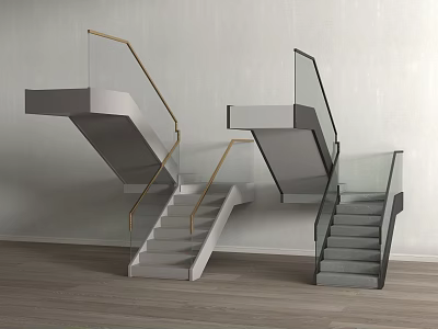 Modern Luxury Staircase Design With Glass Railings Gold Metal And Gray Steps 3d model