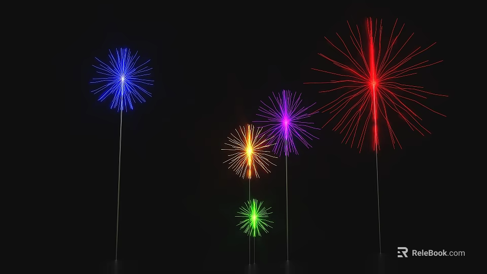 Colorful Glowing Fireworks Display On Black Background With Multicolored Bright Glow 3d model 