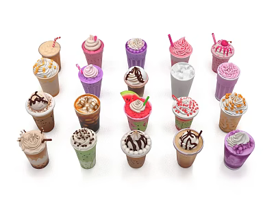 Variety of Colorful Milkshakes With Whipped Cream Fruit Toppings And Straws 3d model
