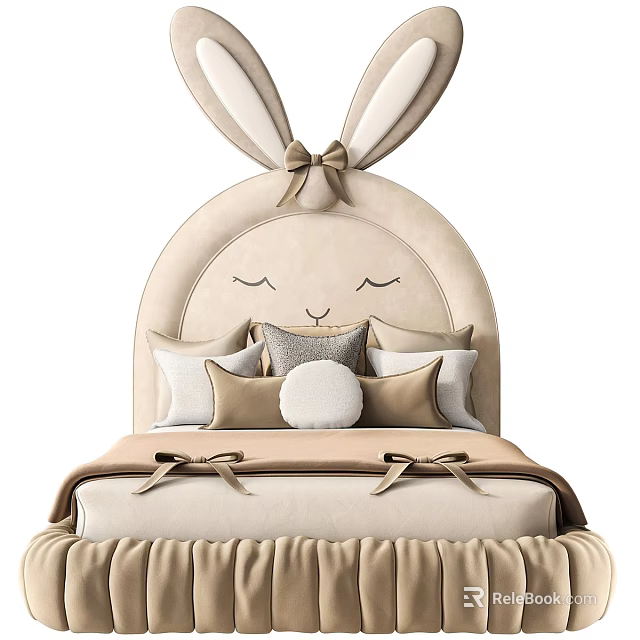 Cute Kids Bed with Bunny Ear Headboard Soft Beige Upholstery and Plush Pillows 3d model 