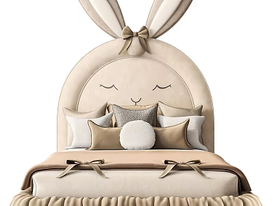 Cute Kids Bed with Bunny Ear Headboard Soft Beige Upholstery and Plush Pillows 3d model