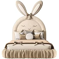 Cute Kids Bed with Bunny Ear Headboard Soft Beige Upholstery and Plush Pillows