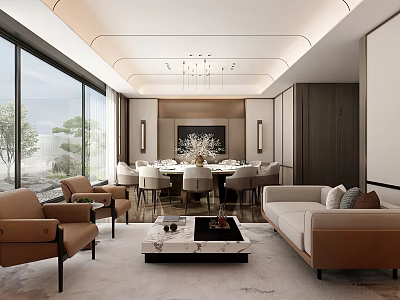 Modern Private Box Interior Design With Round Dining Table Comfortable Sofa Large Windows And Chandelier 3d model