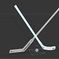 Sports Equipment Crossed Hockey Sticks With Blue Green Stripes Black Blades And Orange Ball