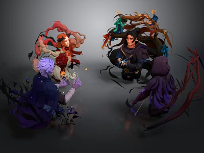 Vibrant Fantasy Characters And Mythical Creatures With Flowing Attire And Unique Features 3d model