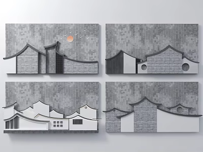 Traditional Architectural Background Wall Featuring Classic Roof Eaves Tile Texture Round Design Gray White Contours 3d model