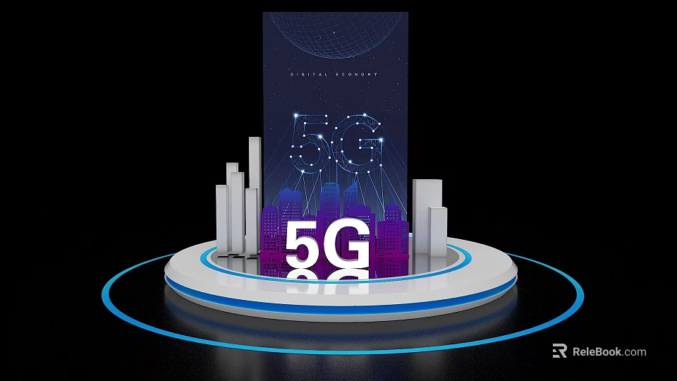 Modern 5G Technology Display Island With City Skyline And Digital Elements 3d model