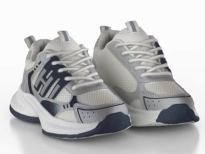 Gray White and Navy Blue Mesh Upper Sneakers with Thick Sole Casual Sports Shoes 3d model