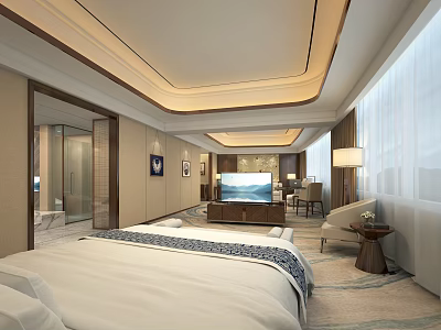 Spacious Modern Hotel Room With King Size Bed Flat Screen TV Large Window And Soft Curtains 3d model
