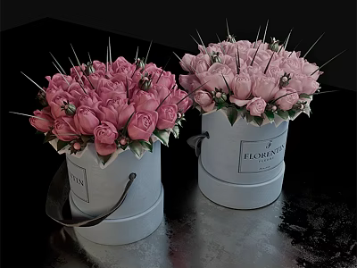 Two Bonsai Potted Plants With Pink Roses In White Bucket Shaped Pots And Lush Blooms 3d model