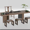 Wooden Tea Table with Stools Teaware Jars and Small Potted Plant 3d model
