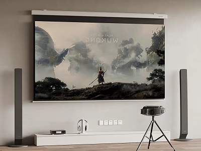 Home Theater Setup With Large Screen TV Mulan Movie Scene Standing Speakers And Projector 3d model