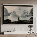 Home Theater Setup With Large Screen TV Mulan Movie Scene Standing Speakers And Projector