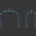 Wood and Stone Decorative Arches with Intricate Columns and Blue Purple Accents