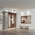 Modern Boutique Store Exterior With Glass Doors Wooden Frames Decorative Paintings And Bench