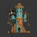 Cartoon Style Tower Scene With Blue Orange Colors Small Spires Green Plants And Stone Base