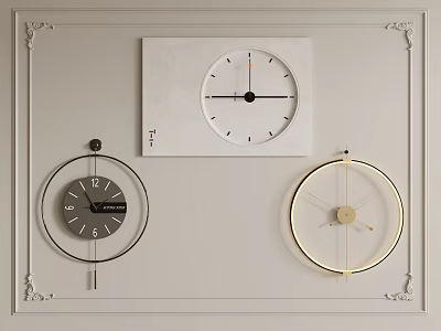 Three Stylish Wall Clocks Featuring Different Designs On Framed White Wall 3d model