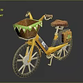 A Yellow Bicycle With Front Basket Green Trim Red Seat And Orange Bag