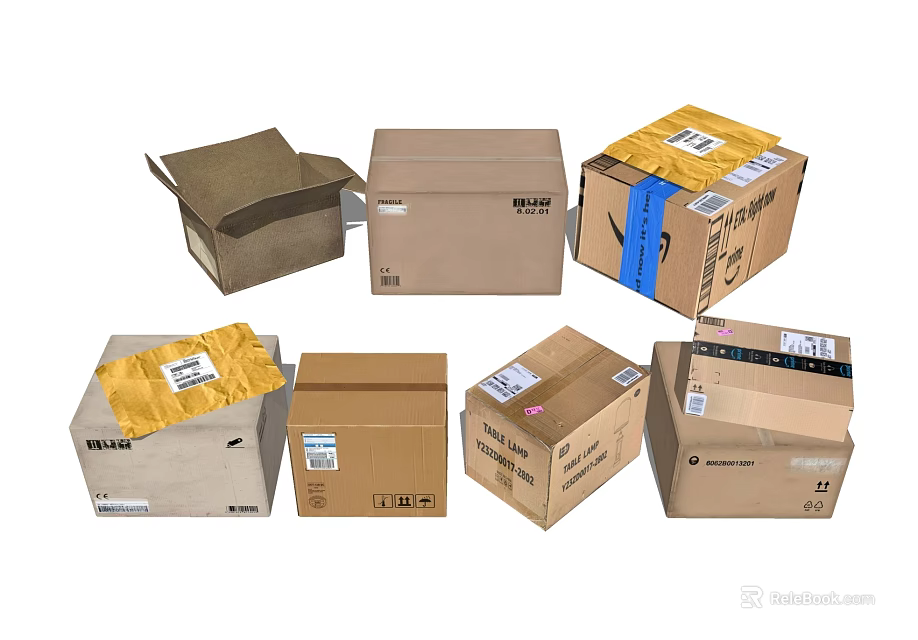 Multiple Cartons in Various Sizes Open and Sealed with Labels and Tape 3d model 