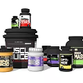 Assorted Fitness Food Supplements Including Protein Powder And Creatine Containers