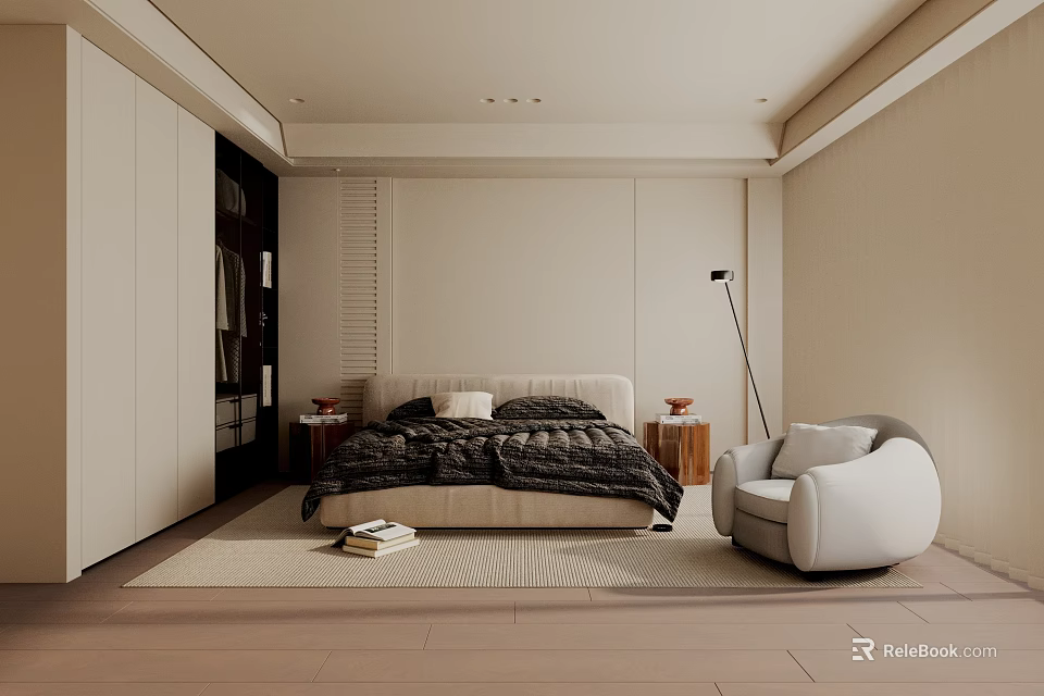 Modern Bedroom Interior Design With Neutral Tones Bed Accent Chair Floor Lamp And Wooden Flooring 3d model 