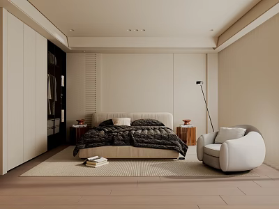Modern Bedroom Interior Design With Neutral Tones Bed Accent Chair Floor Lamp And Wooden Flooring 3d model