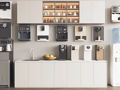 Modern Kitchen Interior Featuring White Glass Door Cabinets Displaying Dinnerware And Appliances 3d model