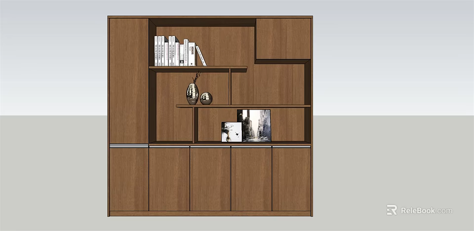 Stylish Wooden Bookcase With Shelves Books Decorative Items And Cabinet Doors 3d model 