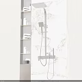 Elegant Wall Mounted Shower with Marble Backdrop and Shelves for Towels and Toiletries