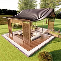 Outdoor Pavilion With Wooden Structure Sofas Coffee Table And Green Lawn Surrounded By Trees