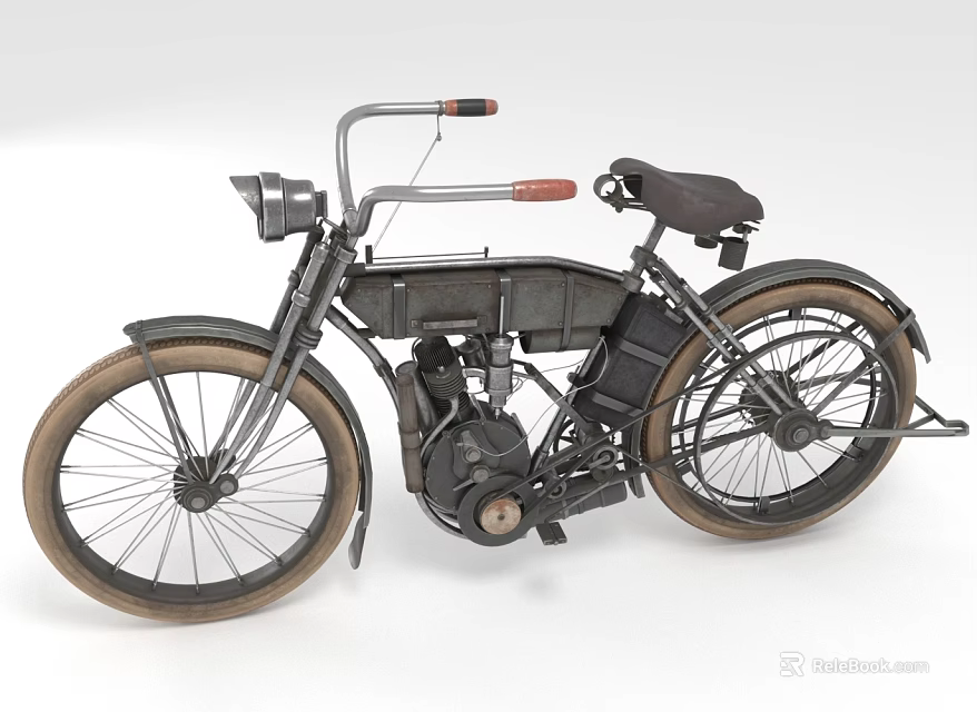 Vintage Bicycle With Old Engine Retro Design Metal Frame And Brown Tires 3d model 