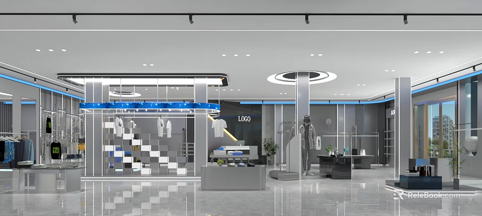 Modern Clothing Store Interior Design With Clothing Displays Racks Mannequins And Bright Lighting 3d model 
