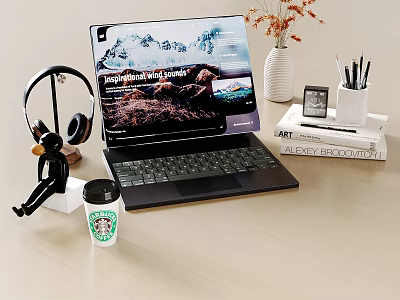 Modern Laptop Desktop Setup with Headphones Coffee Cup Books and Stationery 3d model