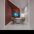 Modern Conference Room Interior With Large Screen TV Brown Walls White Table And Orange Chairs