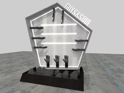 Unique Irregular Geometric Display Structure With Hand Models Shelves And Base Stones 3d model