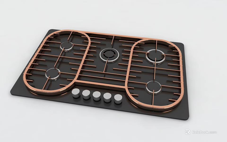 Sleek Black Gas Cooktop With Copper Grates Multiple Burners And Control Knobs 3d model 