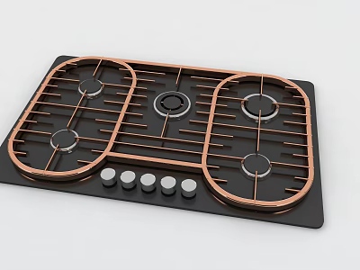 Sleek Black Gas Cooktop With Copper Grates Multiple Burners And Control Knobs 3d model