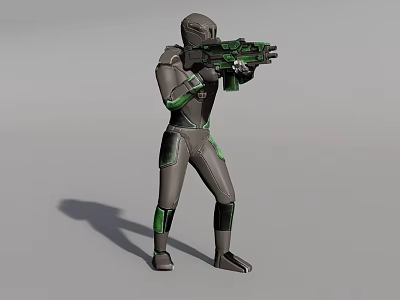 Man Standing in Gray and Green Armor Holding Green Gun Full Body 3d model